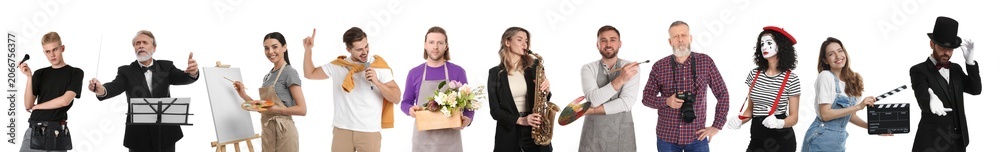 Fototapeta premium People of different artistic occupations, collection of portraits on white background. Choosing profession