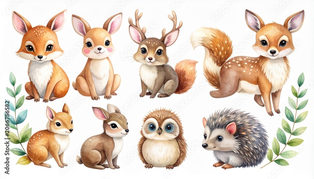 Obraz premium Adorable Watercolor Forest Animals Icon Set featuring Cute Woodland Creatures like Foxes, Owls, Rabbits, and Hedgehogs for Child Apparel and Nursery Sticker Packs