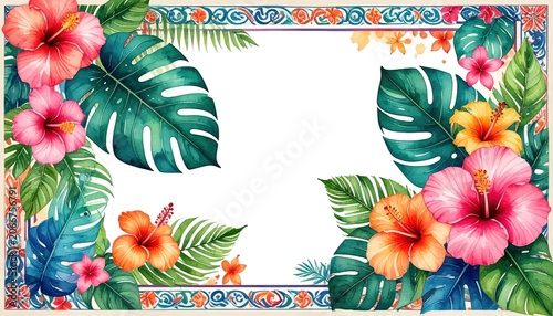 Vibrant Tropical Paradise Watercolor Frame with Hibiscus Flowers, Palm Leaves, and Monstera Foliage for Exotic Hawaiian Luau Party Banners and Summer Holiday Cards