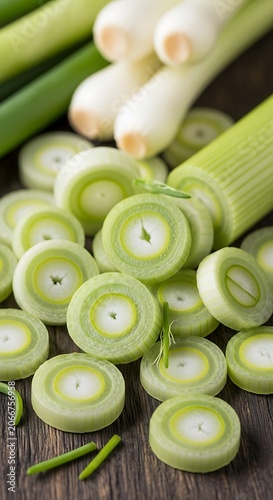 Fresh Leeks - Sliced and Whole on Wooden Surface.