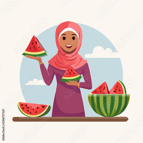 Muslim Woman in Hijab Holding Watermelon Slices