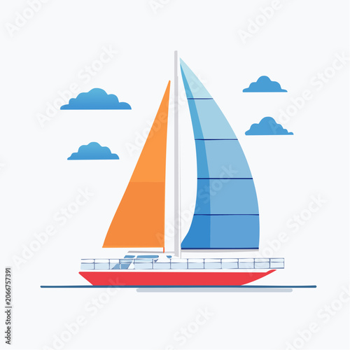Sailboat with Blue and Orange Sails on Water with Clouds