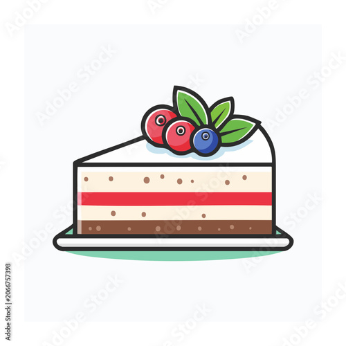 Slice of cake with berries and leaves, flat design