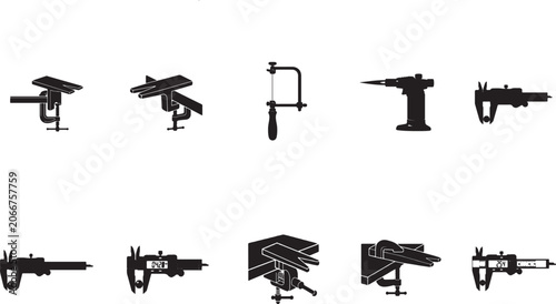 Photography Jewelry Making Tools Vector Silhouette Icon Set with Caliper, Bench Pin, Saw, an