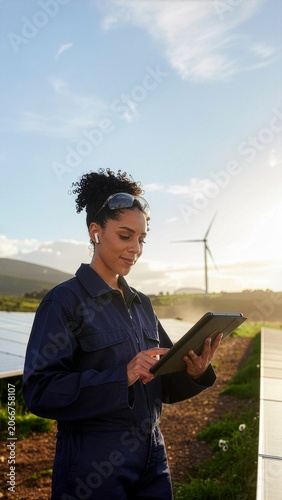 Female engineer using a digital tablet at a renewable energy farm with solar panels and wind turbines