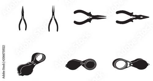 Canvas Print Jewelry Making Pliers and Magnifying Loupe Vector Silhouette Icon Set Isolated o