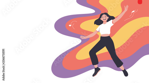 Young woman with black hair jumping for joy with her arms wide open against a colorful abstract wavy background of purple, orange, and yellow.