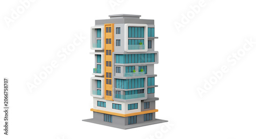 3d icon of modern apartment building with balconies and large windows, isolated on transparent background