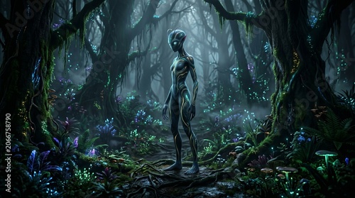 Bioluminescent Alien Lifeform in a Mystical Extraterrestrial Forest