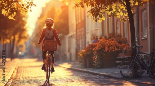 Woman cycling city street