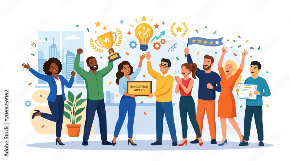 Obraz premium Diverse Team Celebrates Success Holding Trophy and Award at Office