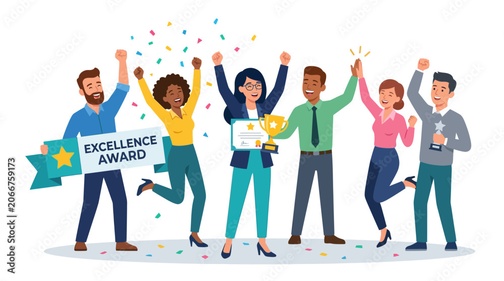 Obraz premium Diverse Team Celebrates Success with Award and Confetti