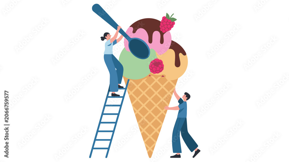 Fototapeta premium Tiny people working together to decorate a giant ice cream cone with chocolate, strawberry, and mint scoops.