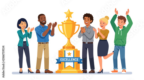 Diverse Team Celebrates Excellence Award and Trophy with Applause