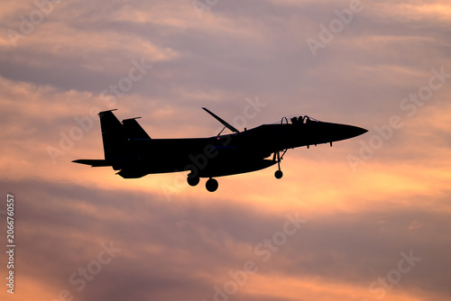 美しい空を背景に飛ぶF-15