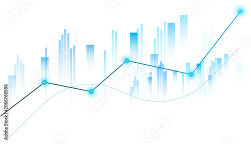 Fotografía Abstract digital financial stock market graph with blue growing arrow line and cyber city skyscraper concept on transparent background