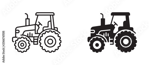 Tractor icons in line and solid styles for agricultural or farming concepts  vehicles for plowing and harvesting