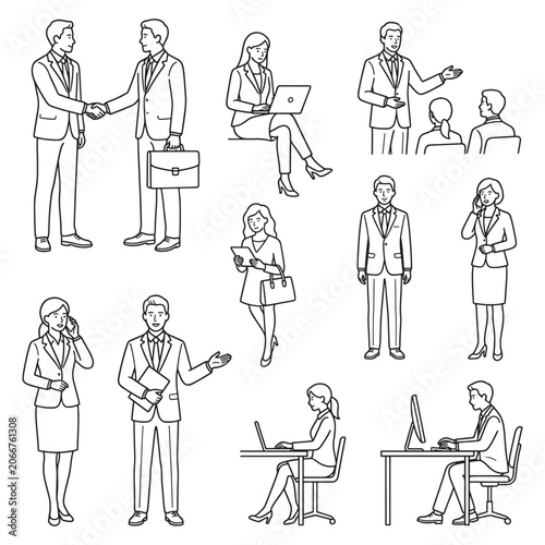 A set of line drawings depicting various business people in different professional settings and actions
