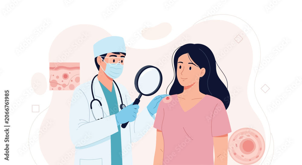 Obraz premium Dermatologist Examining Patient's Skin Condition with Magnifying Glass - Medical Illustration