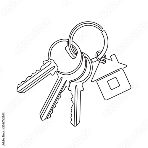 Line drawing of house keys with house shaped keychain