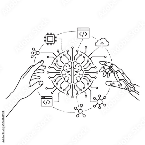 Human and robotic hands interacting with a brain circuit board
