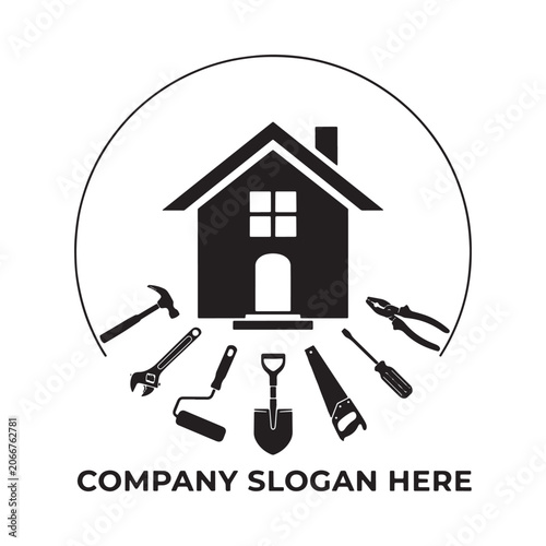 Foto Home repair tools silhouette with house shape on white background