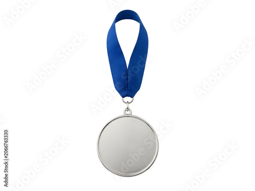 Silver medal blank round award with blue ribbon for second place achievement, isolated on transparent background