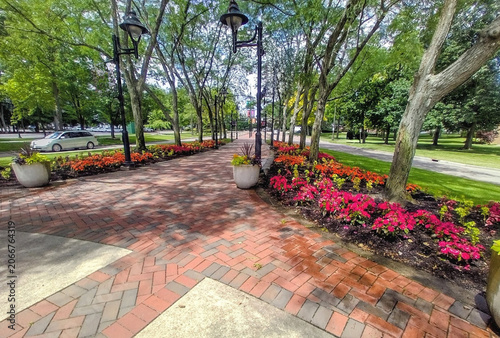 Park Brick Walkway with Flowers 