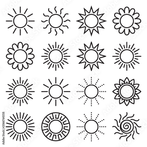 Collection of various sun symbols and icons in black line art
