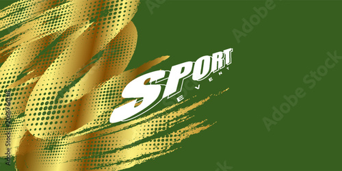 Abstract Sport Poster Design with Gold Brush Strokes on Green Background with Halftone Effect