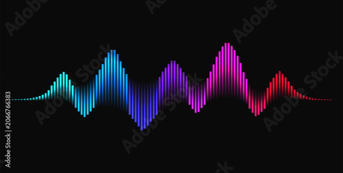 Sound wave with glowing lines. Musical waveform impulse. Vector illustration.