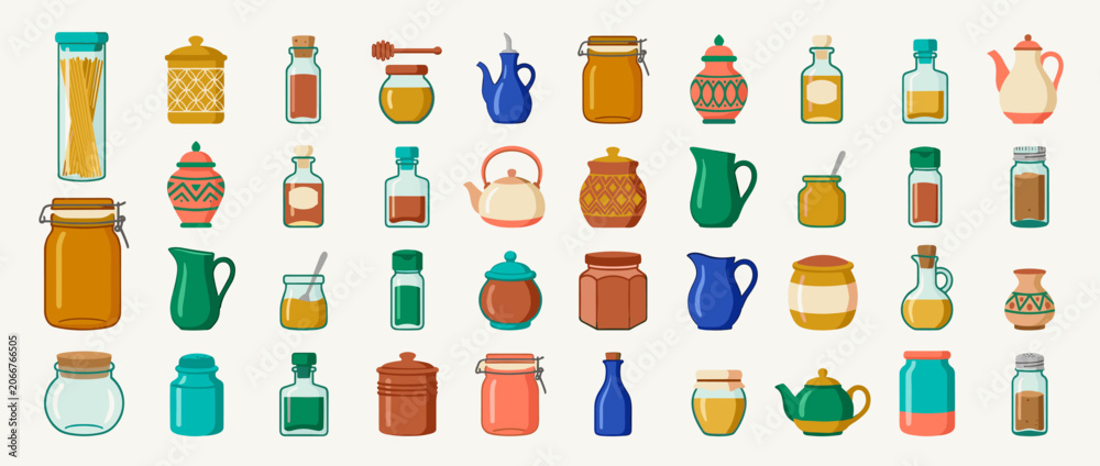 Fototapeta premium Hand drawn kitchen jar and bottle icon set with honey, jam, oil, and pitcher illustration in flat color