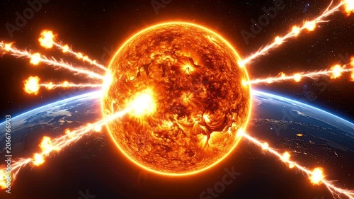 Fiery Sun Emitting Explosions Toward Earth in Deep Space Against Starry Backdrop with Light Effects