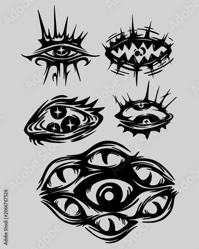 Fotografie Dynamic Tribal Sigilism Eye Tattoo Elements for Streetwear Pattern illuminati A