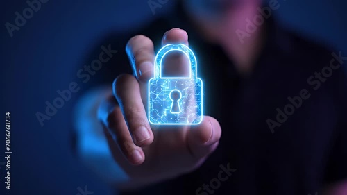 Finger Touching Glowing Lock Icon in Dark Blue Tone Security System Interface Concept with Geometric Shapes Data Protection Privacy Cyber Security Concept