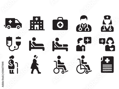 Medical icons set including ambulance hospital doctor nurse patient wheelchair and medical equipment on white background