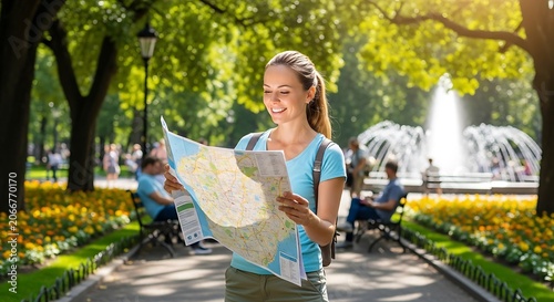 Young Woman Tourist Holding Map in Park with Fountain.