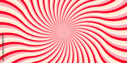 Pink ice cream and candy swirl background, lollipop vortex patterns intermixed with strawberry and circus elements. Retro spiral design. vector illustration