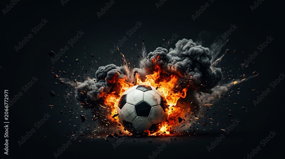 Fototapeta premium Soccer ball exploding with fire and smoke on a dark background