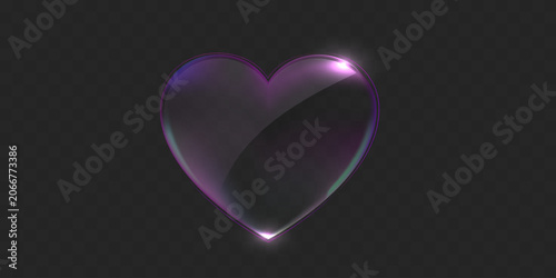 Transparent glass shape. Glossy purple heart with glowing edges 