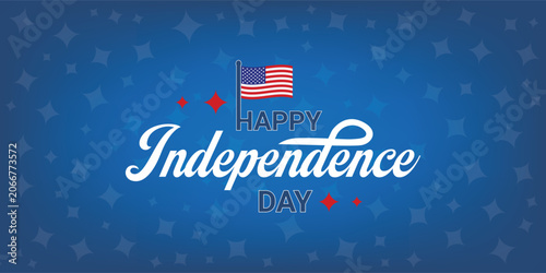 Happy 4th of July Independence Day USA. American Independence Day greeting card, banner, poster with United States flag, stars and stripes. Handwritten typography text USA wavy flag blue background.