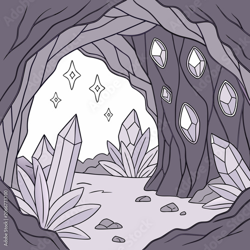 Purple Cave Opening with Large Pointed Crystals and Stars in Lavender and Lilac Shades