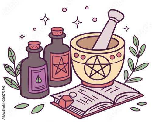 Dark Potion Bottles and Yellow Mortar with Pestle on Open Grimoire and White Background