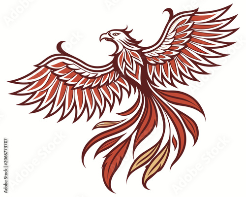 Red and Brown Phoenix Bird Flying with Spread Wings and Long Tail on White Background