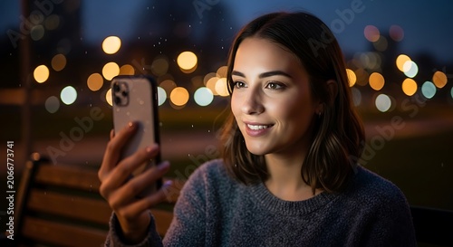 Young Woman Using Smartphone at Night with Bokeh Lights.