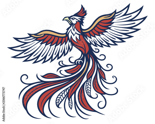 Red and White Phoenix Bird Flying with Outspread Wings in Red White and Navy on White Background
