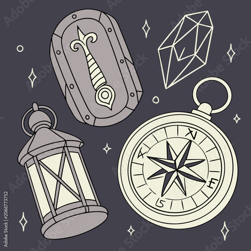 Runic Compass Lantern Faceted Crystal and Shield over Dark Purple with Small White Stars