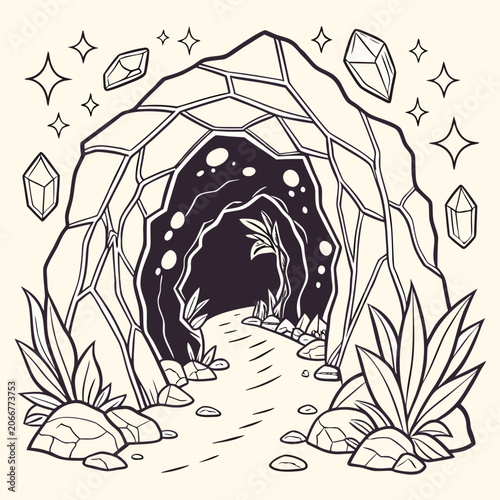 Dark Rocky Cavern Entrance with Floating Crystals and Stars Surrounded by Plants on Beige Surface