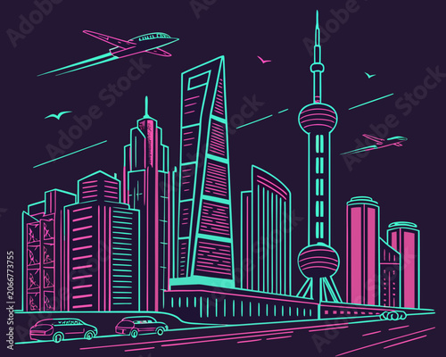 Shanghai Skyline with Oriental Pearl Tower and Skyscrapers in Cyan and Pink Neon Outline on Dark