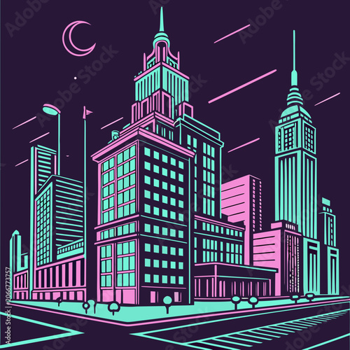 Skyscrapers Standing on a Street Corner with Pink and Teal Accents under a Purple Moonlit Sky